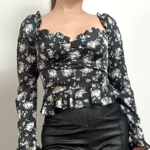 ASTR The Label Satin Floral Long Sleeve Crop Top
